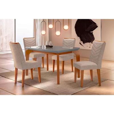 Conjunto: Mesa Sala Jantar Londrina Tampo Madeirado c/ Vidro 120cm + 4 Cadeiras Londrina Imbuia/Linho Esmeralda - Rufato