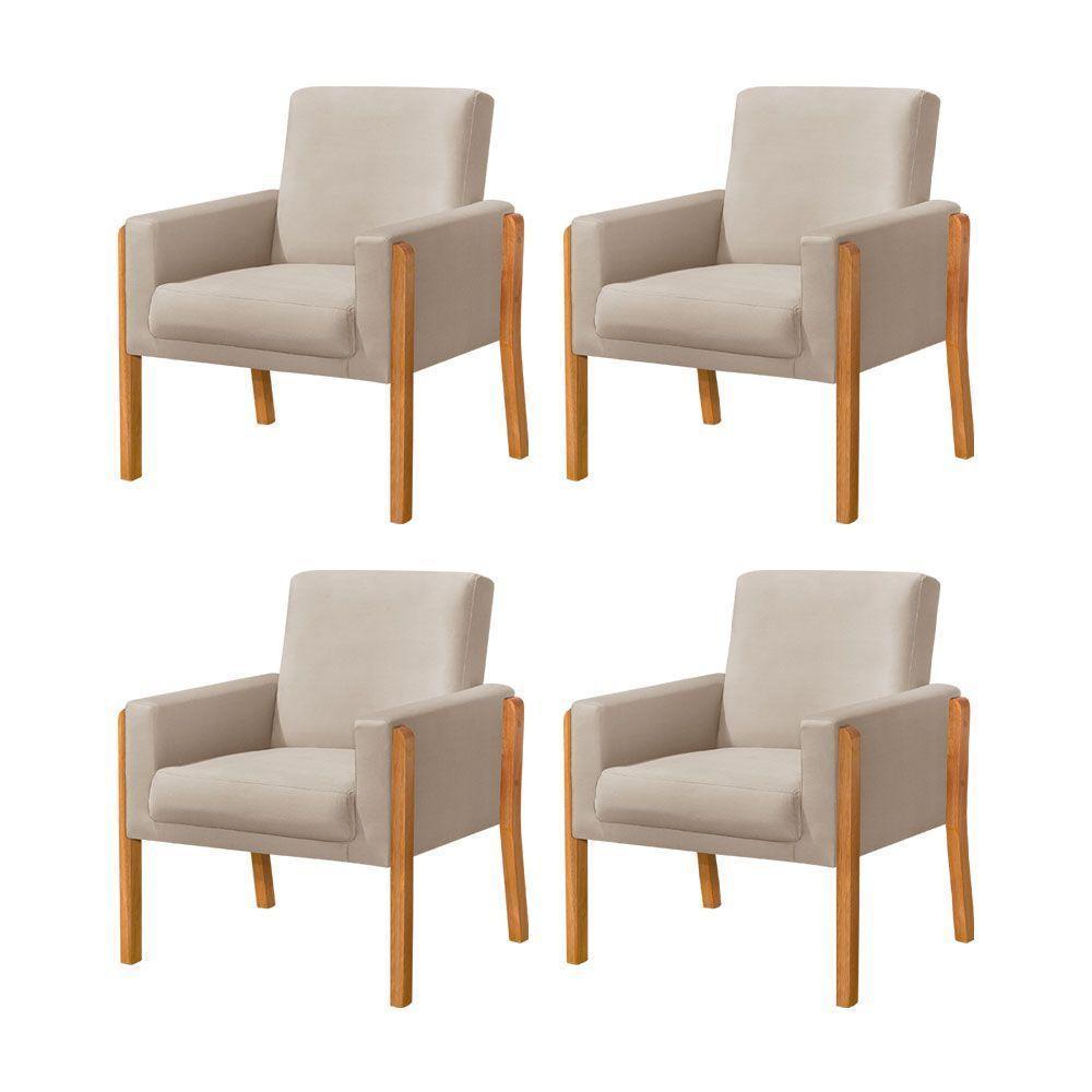 Kit 4 Poltronas Sala De Espera Pés Em Madeira Santorini Veludo Bege - Bege - 1
