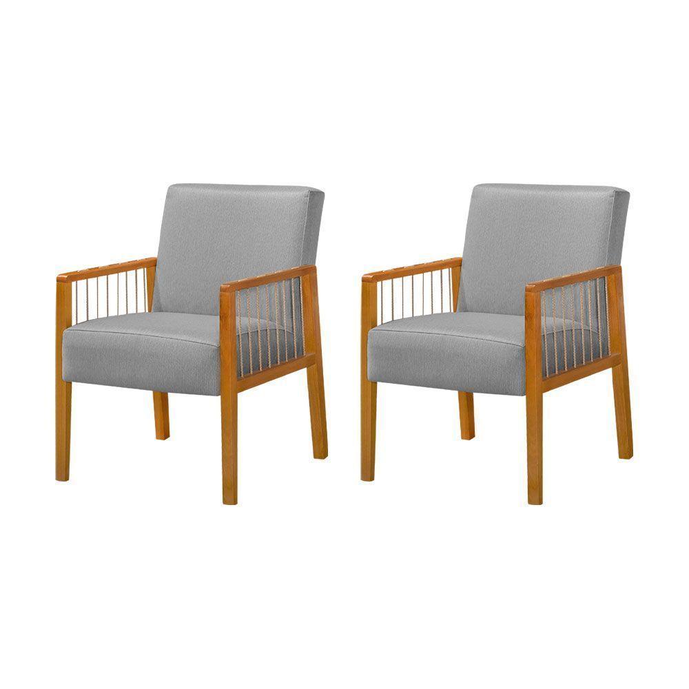 Kit 2 Poltronas Decorativas Base Em Madeira Maciça E Corda Náutica Copacabana Linho Cinza - Cinza - 1