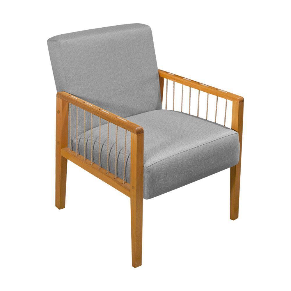 Kit 2 Poltronas Decorativas Base Em Madeira Maciça E Corda Náutica Copacabana Linho Cinza - Cinza - 7