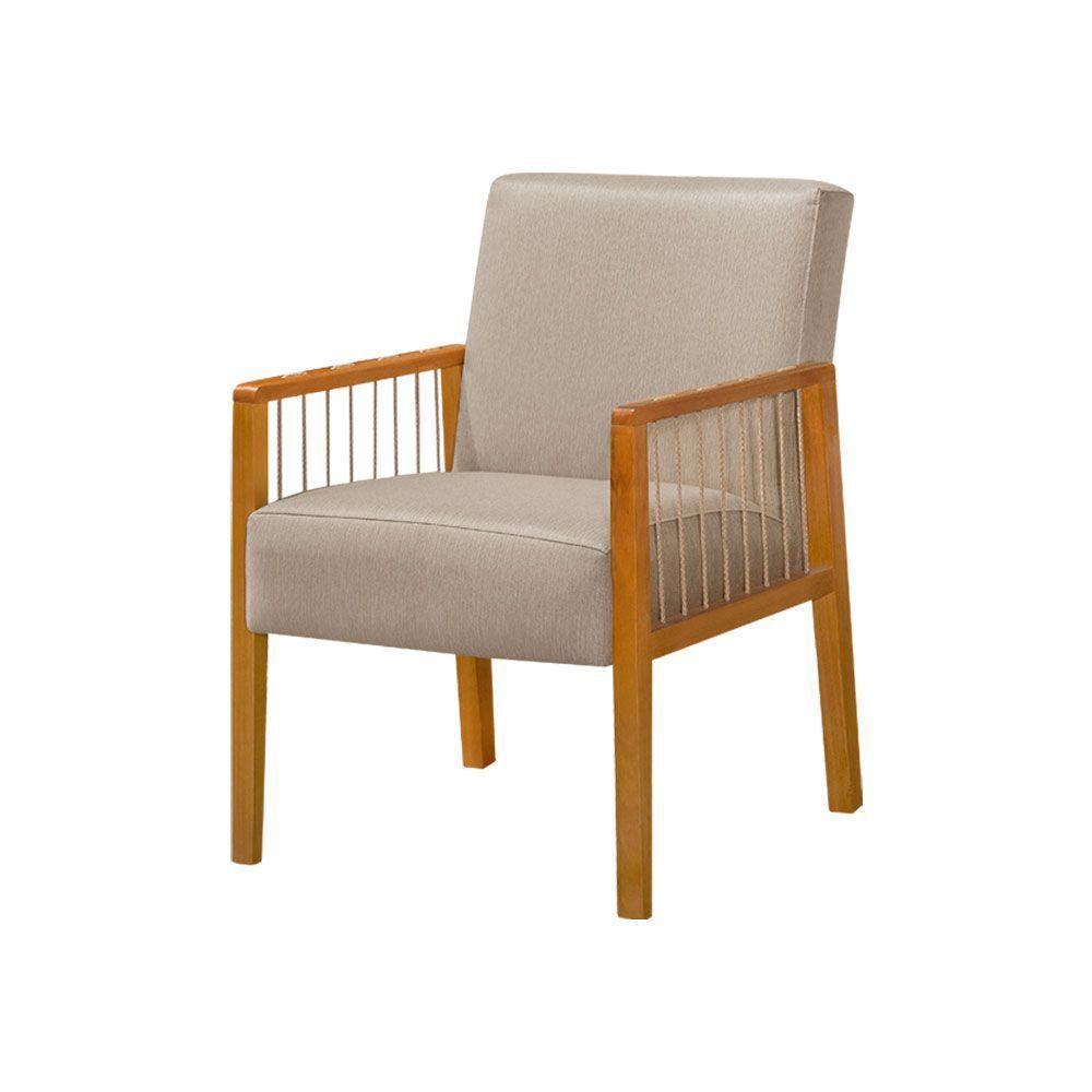 Poltrona Decorativa Base Em Madeira Maciça E Corda Náutica Copacabana Linho Bege - Bege - 5