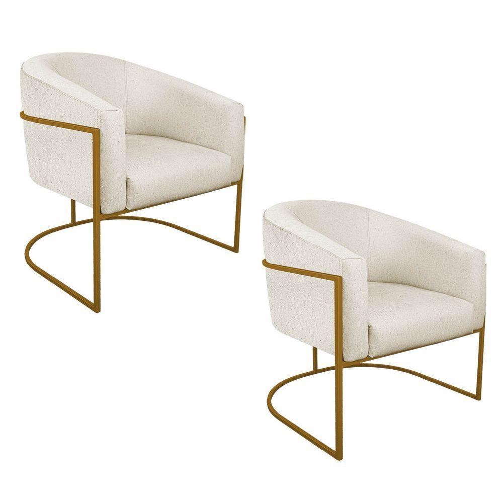 Kit 02 Poltronas Luiza Base De Ferro Dourado Linho - Adj Decor Cor Bege - 1