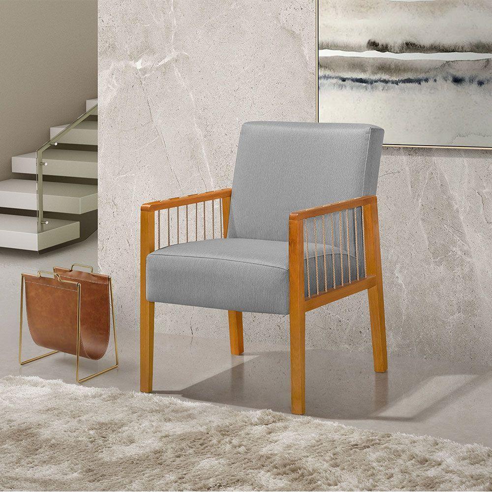 Kit 4 Poltronas Decorativa Base Em Madeira Maciça E Corda Náutica Copacabana Linho Cinza - Cinza - 3