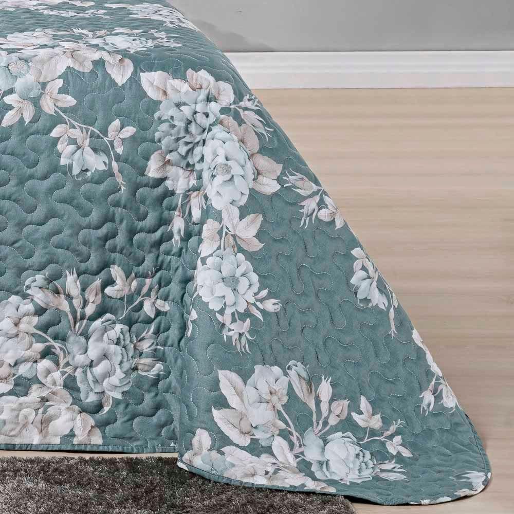 Kit Cobre Leito Colcha Celi Queen Dupla Face Micropercal 200 Fios 3 Peças - Verde Floral - 5