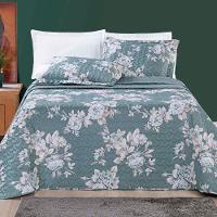 Kit Cobre Leito Colcha Celi Queen Dupla Face Micropercal 200 Fios 3 Peças - Verde Floral - 1