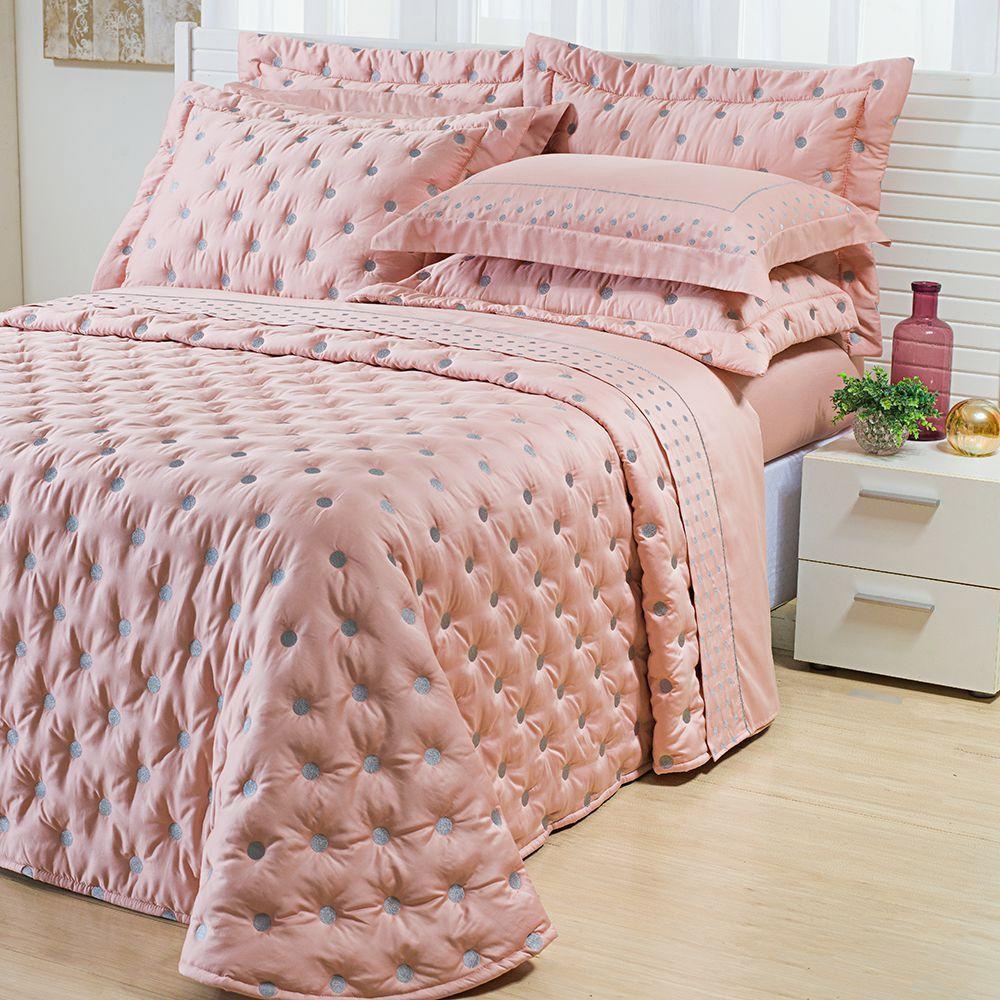 Kit Cobre Leito Colcha Super King 100% Algodão 400 Fios Acetinado Bordado 5 Peças Rosê E Fendi - 1