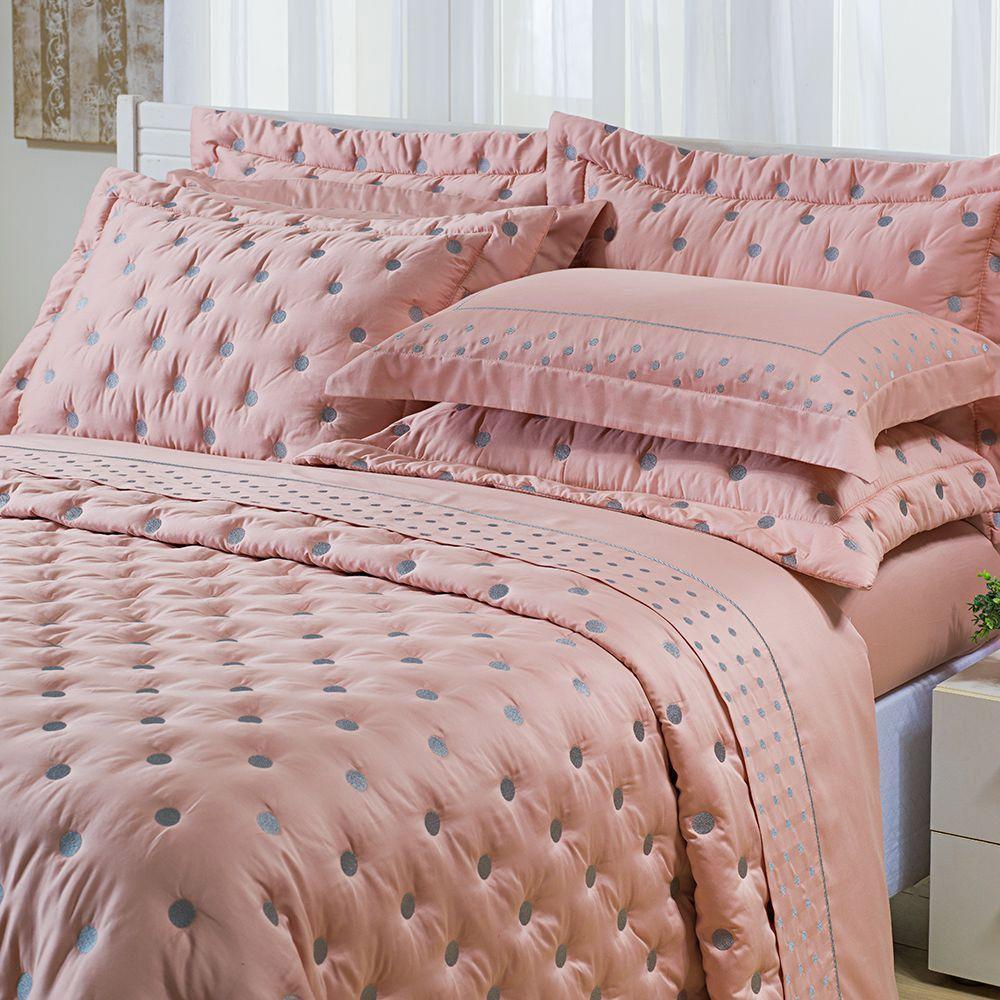 Kit Cobre Leito Colcha Super King 100% Algodão 400 Fios Acetinado Bordado 5 Peças Rosê E Fendi - 2