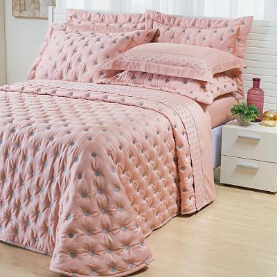 Kit Cobre Leito Colcha Super King 100% Algodão 400 Fios Acetinado Bordado 5 Peças Rosê E Fendi
