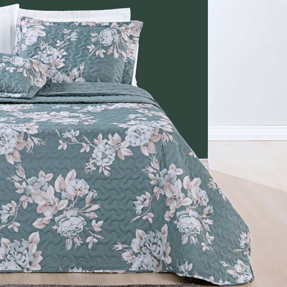 Kit Cobre Leito Colcha Celi King Dupla Face Micropercal 200 Fios 3 Peças - Verde Floral - 2