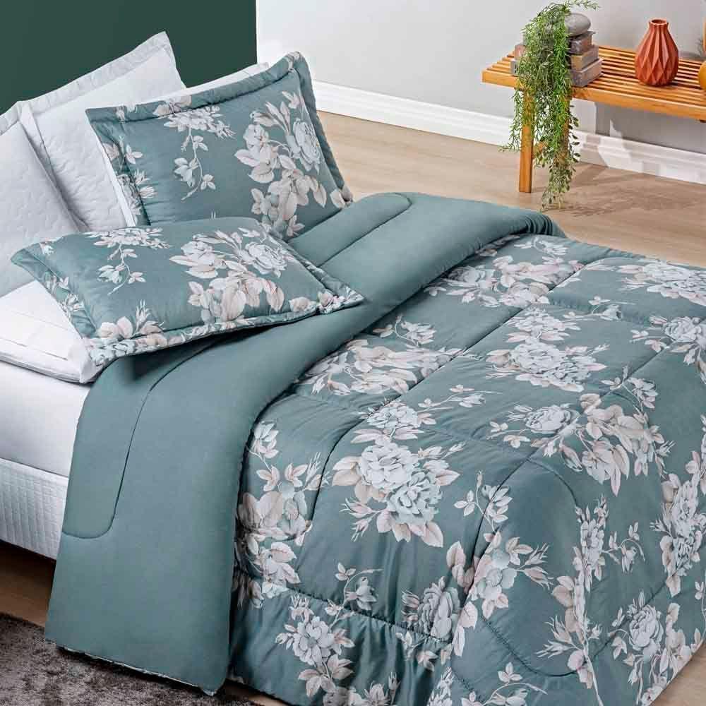 Kit Edredom Celi Queen Dupla Face Micropercal 200 Fios 3 Peças - Verde Floral - 1