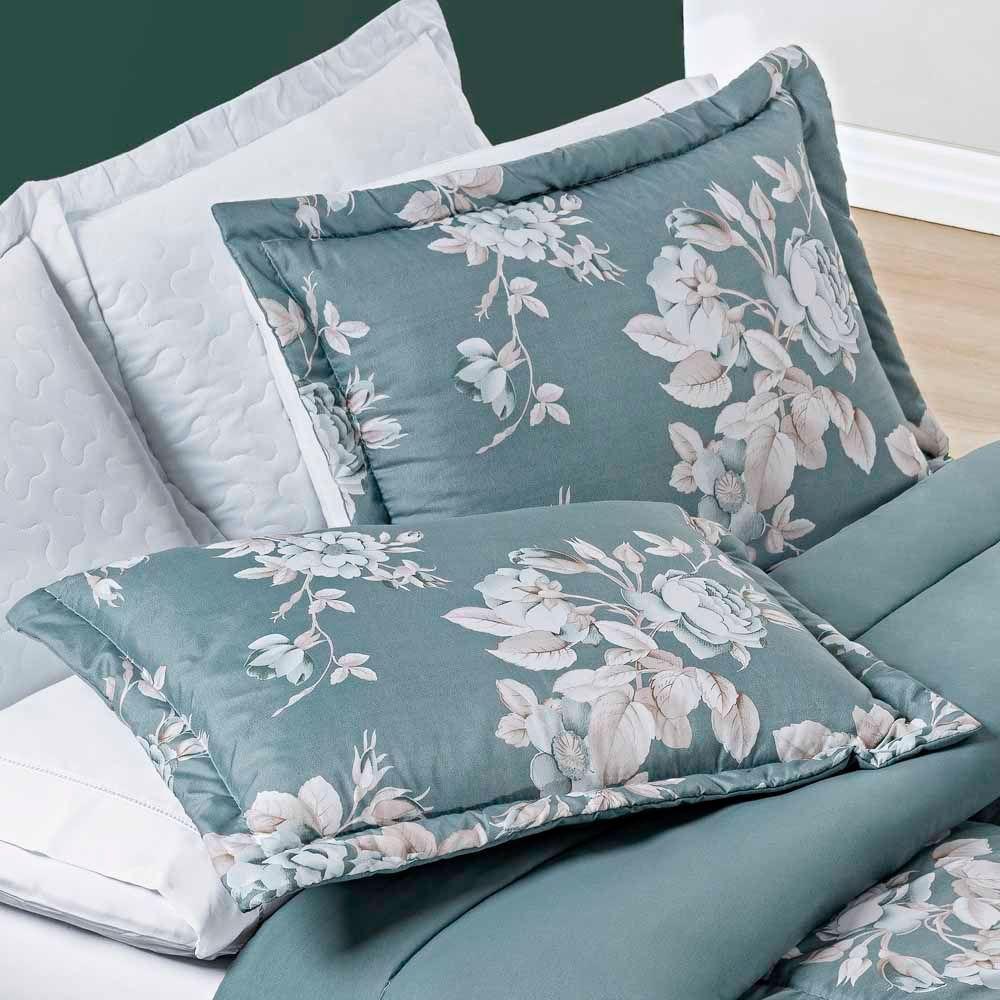 Kit Edredom Celi Queen Dupla Face Micropercal 200 Fios 3 Peças - Verde Floral - 2