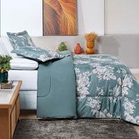 Kit Edredom Celi Queen Dupla Face Micropercal 200 Fios 3 Peças - Verde Floral