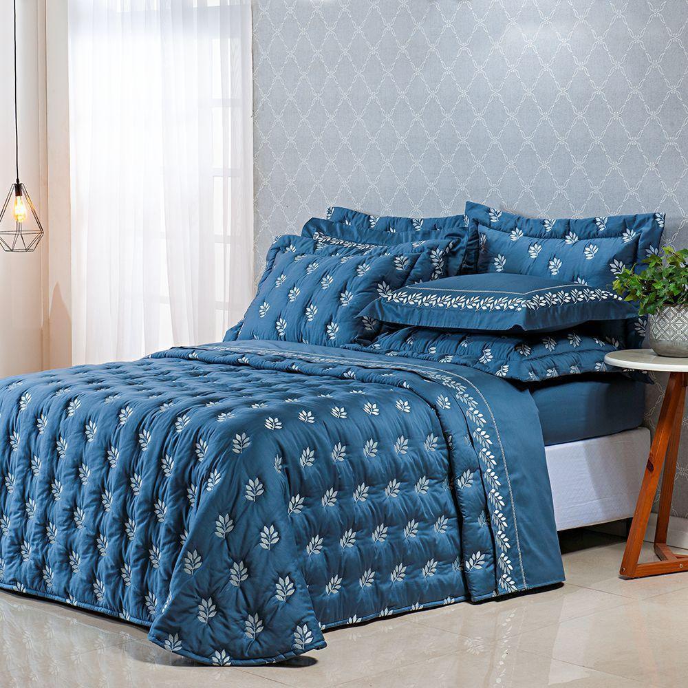 Kit Cobre Leito Colcha Garland Queen 100% Algodão 400 Fios Acetinado Bordado 5 Peças - Azul Marinho - 1