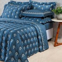 Kit Cobre Leito Colcha Garland Queen 100% Algodão 400 Fios Acetinado Bordado 5 Peças - Azul Marinho - 4