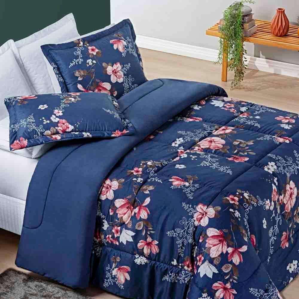 Kit Edredom Celi King Dupla Face Micropercal 200 Fios 3 Peças - Azul Marinho Floral - 1