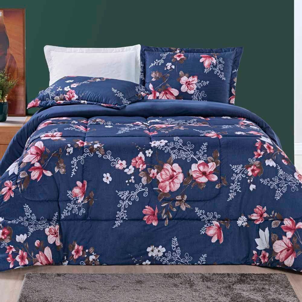 Kit Edredom Celi King Dupla Face Micropercal 200 Fios 3 Peças - Azul Marinho Floral - 2