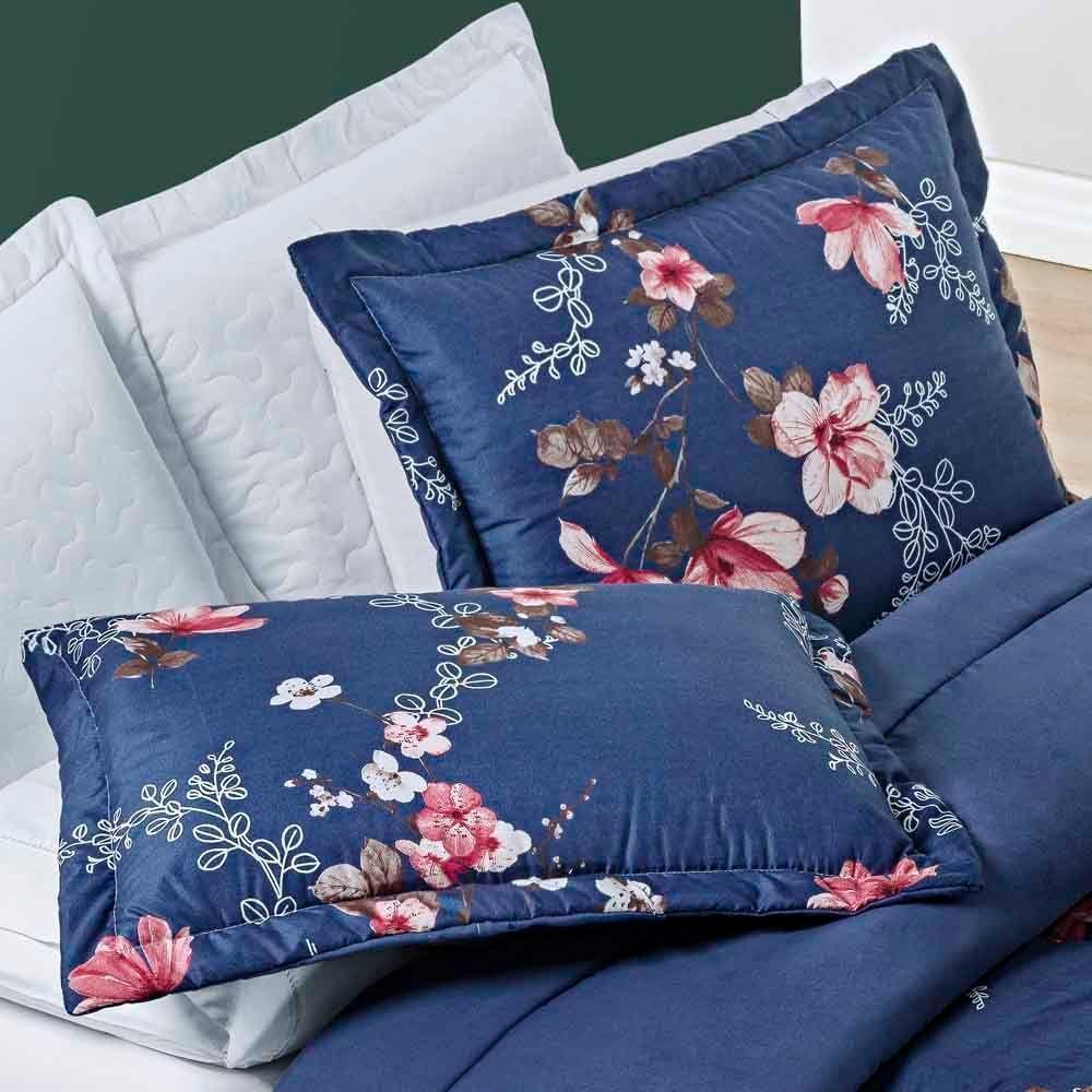 Kit Edredom Celi King Dupla Face Micropercal 200 Fios 3 Peças - Azul Marinho Floral - 4