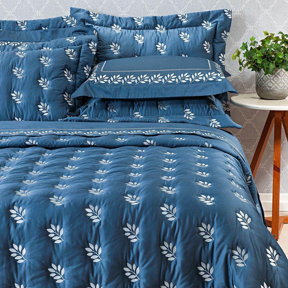 Kit Cobre Leito Colcha Super King 100% Algodão 400 Fios Acetinado Bordado 5 Peças Azul Marinho - 1