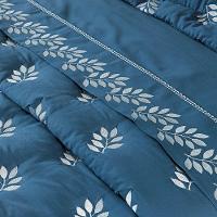 Kit Cobre Leito Colcha Super King 100% Algodão 400 Fios Acetinado Bordado 5 Peças Azul Marinho