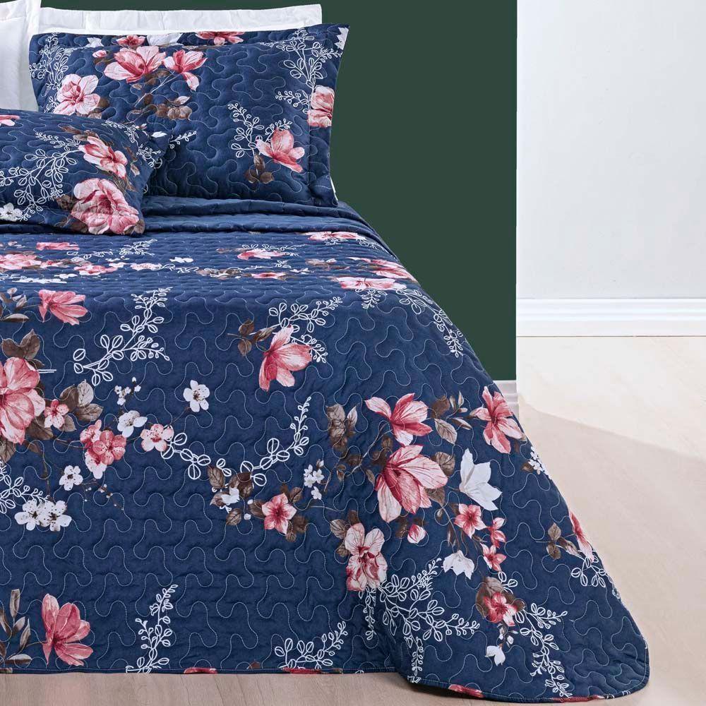 Kit Cobre Leito Colcha Celi King Dupla Face Micropercal 200 Fios 3 Peças - Azul Marinho Floral - 4