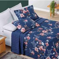 Kit Cobre Leito Colcha Celi King Dupla Face Micropercal 200 Fios 3 Peças - Azul Marinho Floral - 1