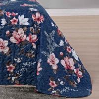 Kit Cobre Leito Colcha Celi King Dupla Face Micropercal 200 Fios 3 Peças - Azul Marinho Floral - 2