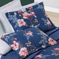 Kit Cobre Leito Colcha Celi King Dupla Face Micropercal 200 Fios 3 Peças - Azul Marinho Floral - 3