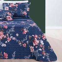 Kit Cobre Leito Colcha Celi King Dupla Face Micropercal 200 Fios 3 Peças - Azul Marinho Floral