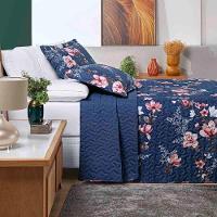 Kit Cobre Leito Colcha Celi King Dupla Face Micropercal 200 Fios 3 Peças - Azul Marinho Floral - 5