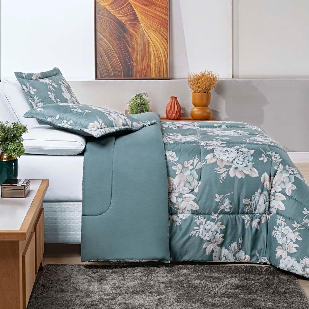 Kit Edredom Celi Super King Dupla Face Micropercal 200 Fios 3 Peças - Verde Floral - 4