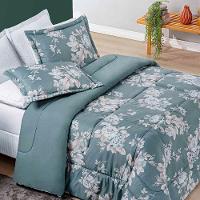 Kit Edredom Celi Super King Dupla Face Micropercal 200 Fios 3 Peças - Verde Floral - 1