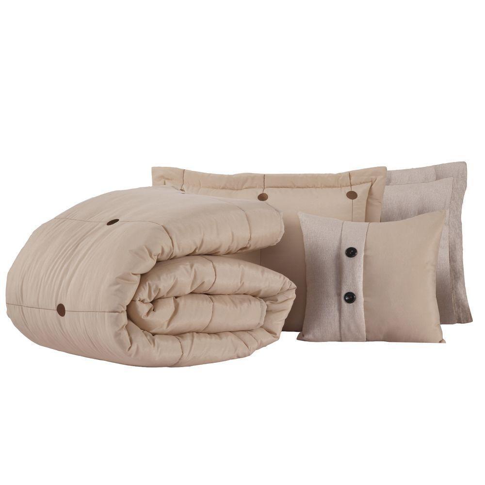 Kit Cobre Leito Colcha Queen Button 200 Fios Bordado 7 Peças - Avelã - 1