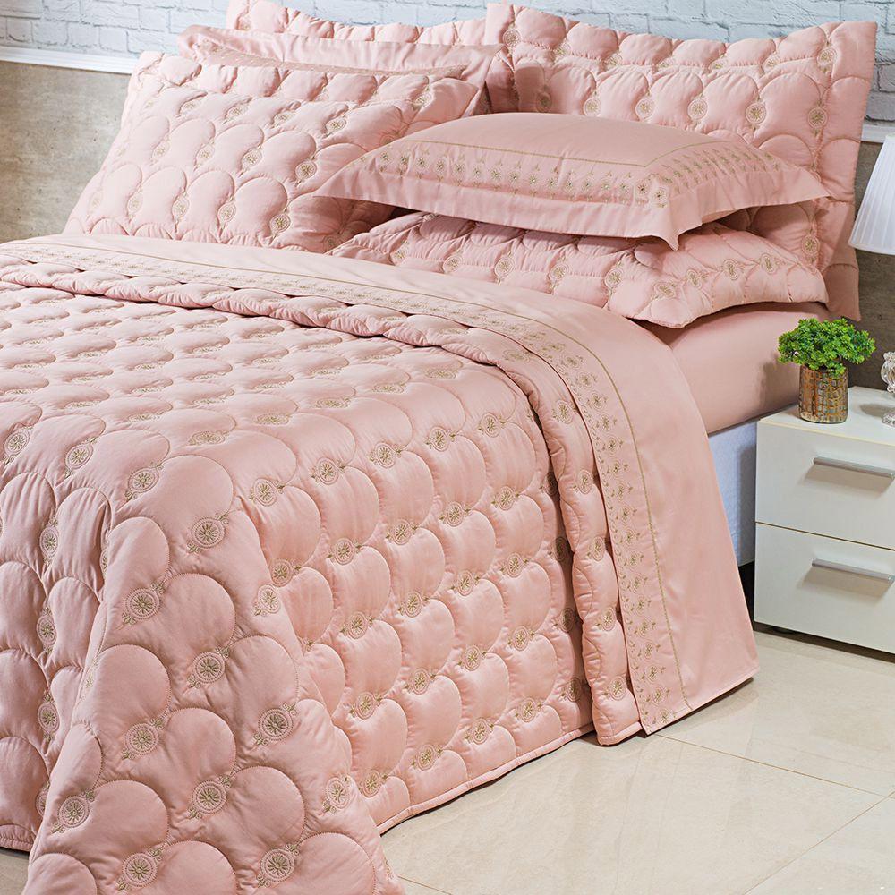 Kit Cobre Leito Colcha Garland Queen 100% Algodão 400 Fios Acetinado Bordado 5 Peças - Rosê E Fendi - 1