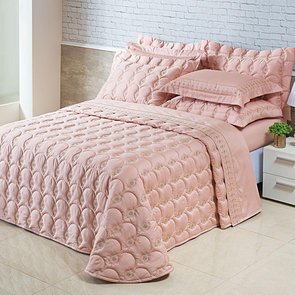 Kit Cobre Leito Colcha Garland Queen 100% Algodão 400 Fios Acetinado Bordado 5 Peças - Rosê E Fendi - 3