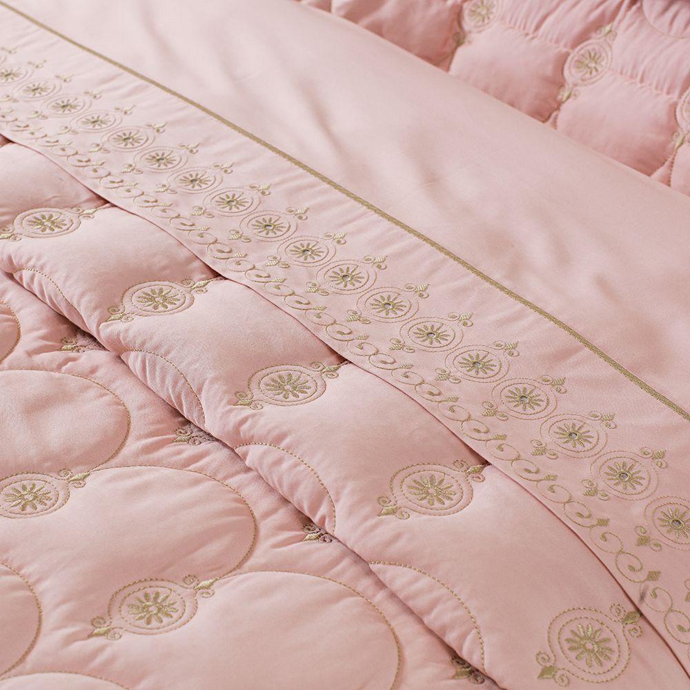 Kit Cobre Leito Colcha Garland Queen 100% Algodão 400 Fios Acetinado Bordado 5 Peças - Rosê E Fendi - 4