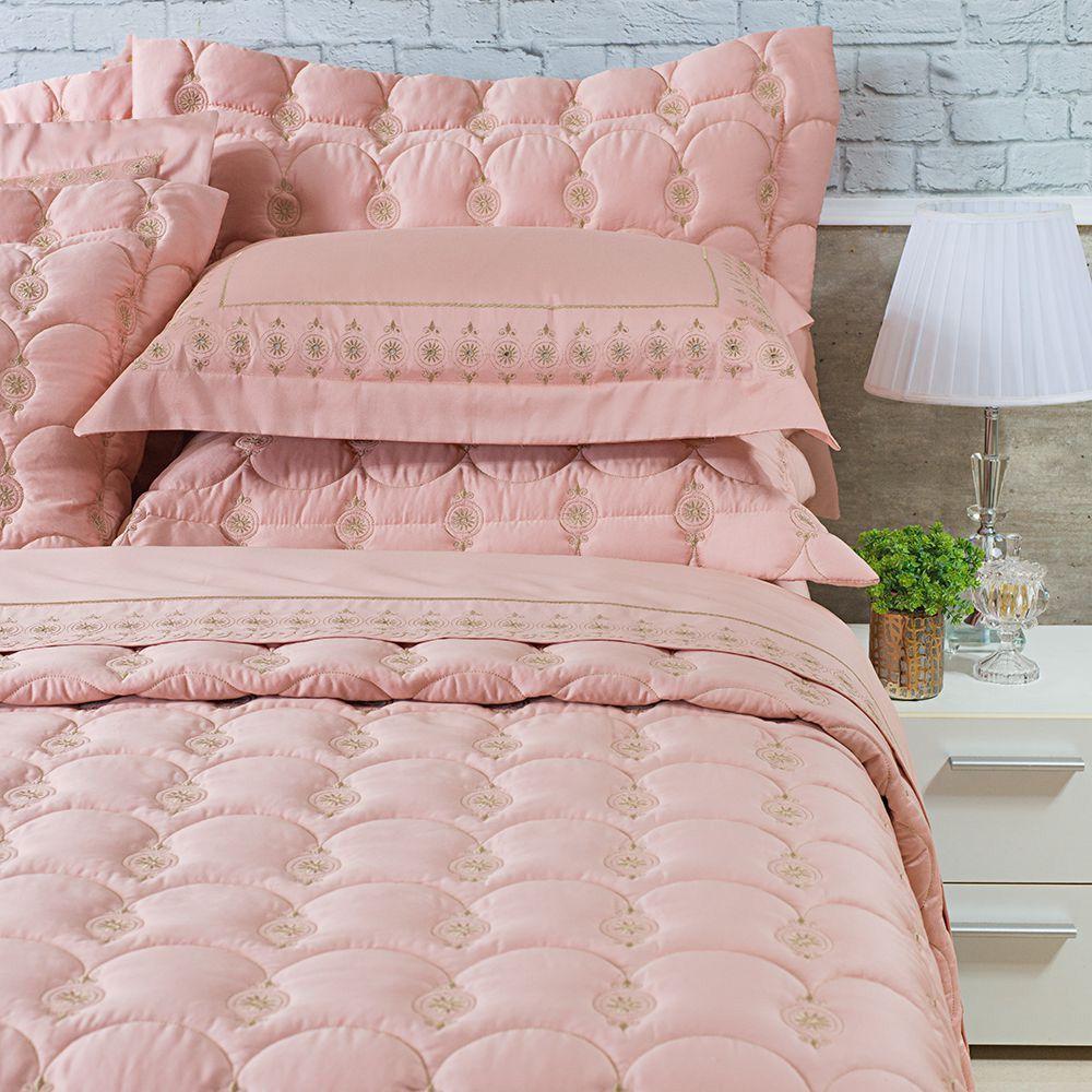 Kit Cobre Leito Colcha Garland Queen 100% Algodão 400 Fios Acetinado Bordado 5 Peças - Rosê E Fendi - 5