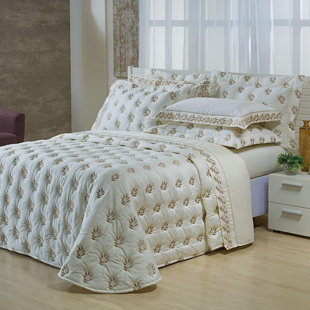 Kit Cobre Leito Colcha Garland Queen 100% Algodão 400 Fios Acetinado Bordado 5 Peças - Palha E Fendi - 1