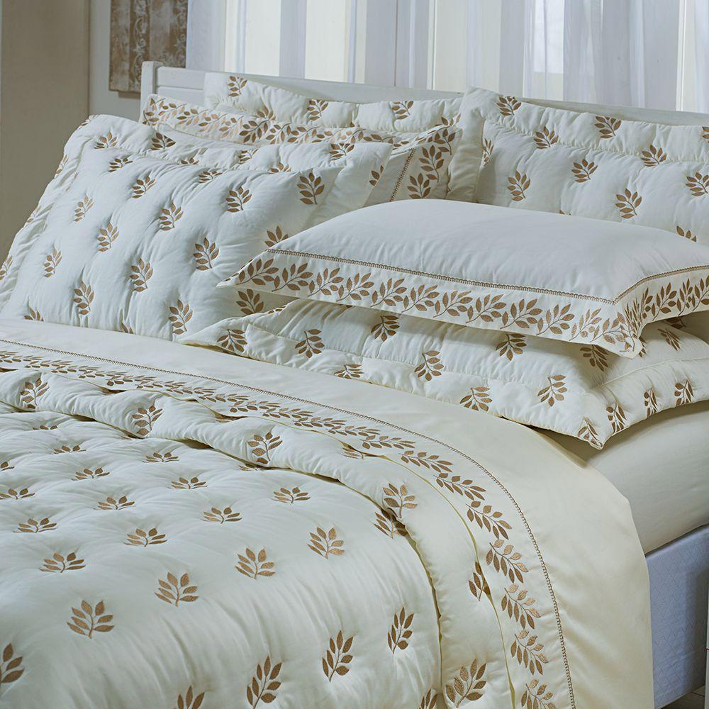 Kit Cobre Leito Colcha Garland Queen 100% Algodão 400 Fios Acetinado Bordado 5 Peças - Palha E Fendi - 2