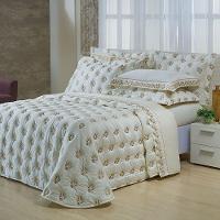 Kit Cobre Leito Colcha Garland Queen 100% Algodão 400 Fios Acetinado Bordado 5 Peças - Palha E Fendi - 1