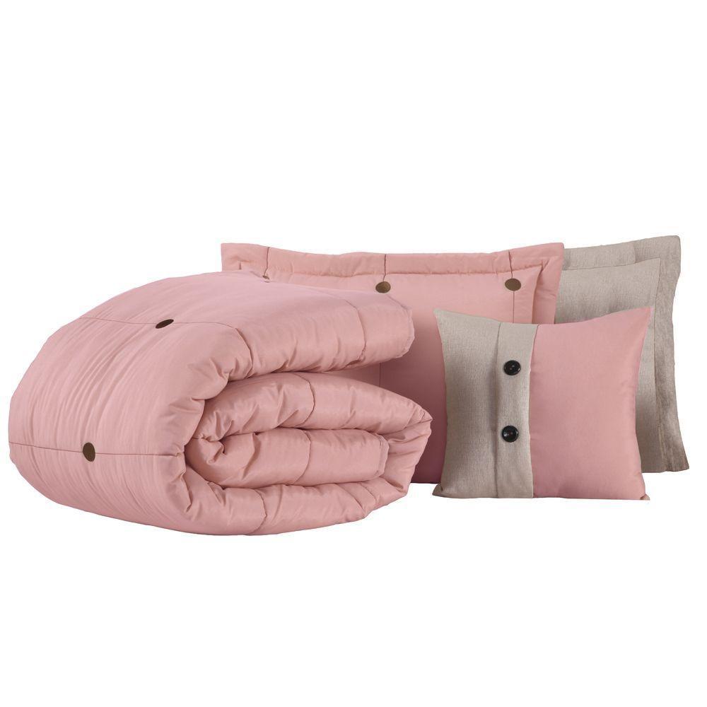 Kit Cobre Leito Colcha Queen Button 200 Fios Bordado 7 Peças - Rosê - 1