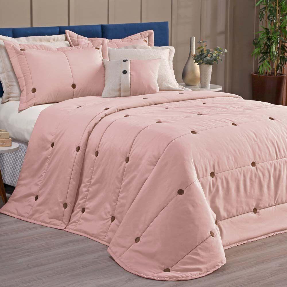 Kit Cobre Leito Colcha Queen Button 200 Fios Bordado 7 Peças - Rosê - 3