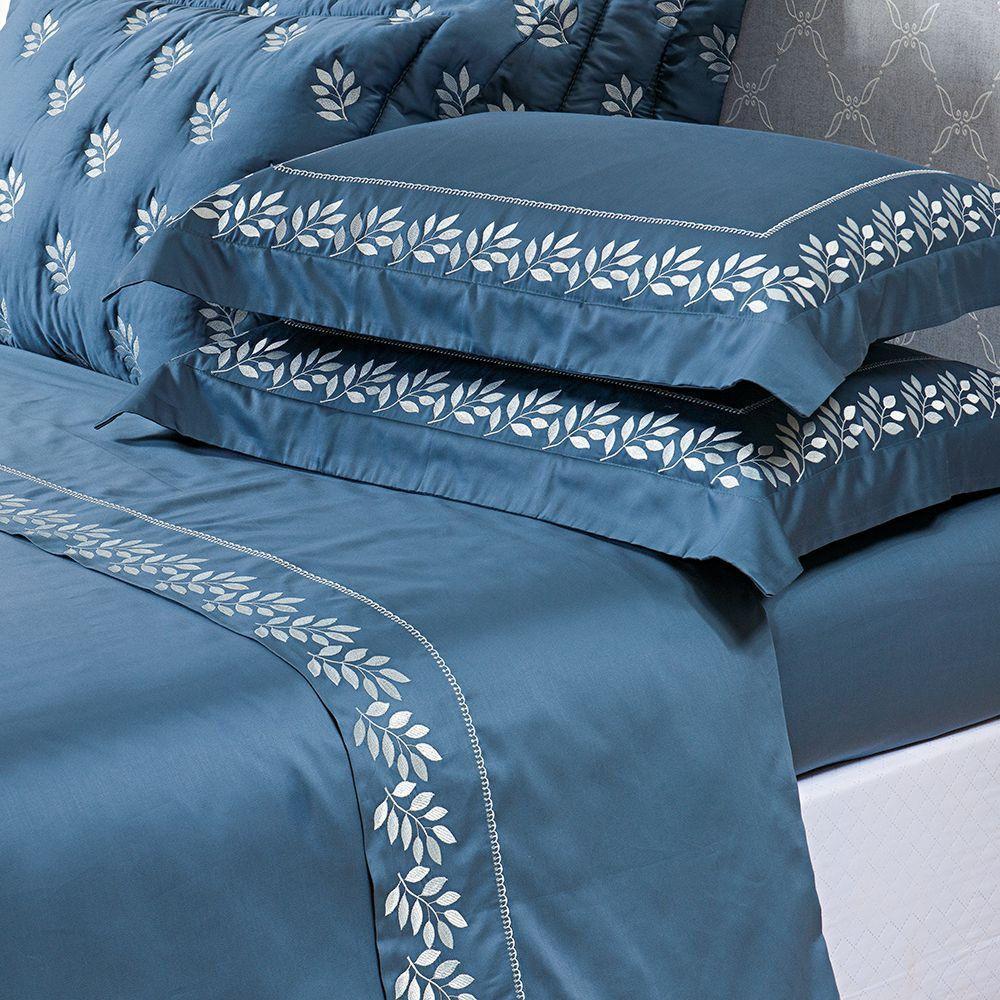 Jogo Cama Lençol Garland Casal Bordado 100% Algodão Acetinado 400 Fios 4 Peças - Azul Marinho - 1
