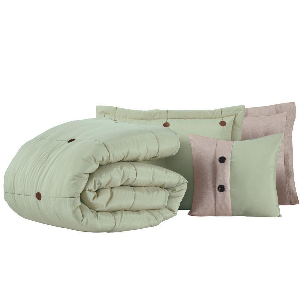 Kit Cobre Leito Colcha Queen Button 200 Fios Bordado 7 Peças - Verde - 1