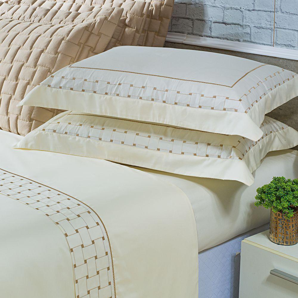 Jogo Cama Lençol Garland Casal Bordado 100% Algodão Acetinado 400 Fios 4 Peças - Bege - 1