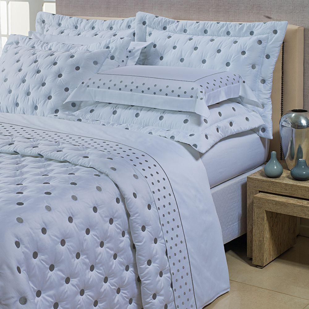 Kit Cobre Leito Colcha Super King 100% Algodão 400 Fios Acetinado Bordado 5 Peças Branco E Cinza - 1