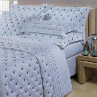 Kit Cobre Leito Colcha Super King 100% Algodão 400 Fios Acetinado Bordado 5 Peças Branco E Cinza - 1