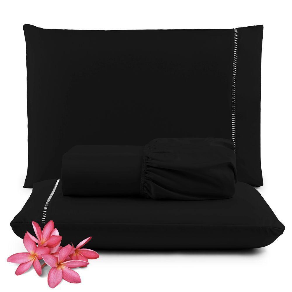 Jogo Cama Lençol Unique Queen 400 Fios Ponto Palito 3 Peças - Preto - 1