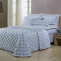 Kit Cobre Leito Colcha Queen 100% Algodão 400 Fios Acetinado Bordado 5 Peças Branco E Cinza - 5