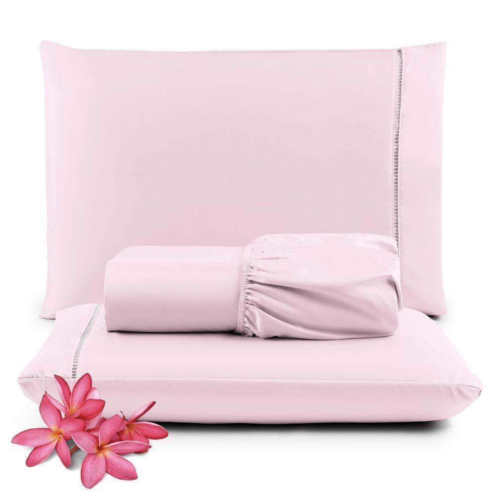 Jogo Cama Lençol Unique Queen 400 Fios Ponto Palito 3 Peças - Rosa - 1
