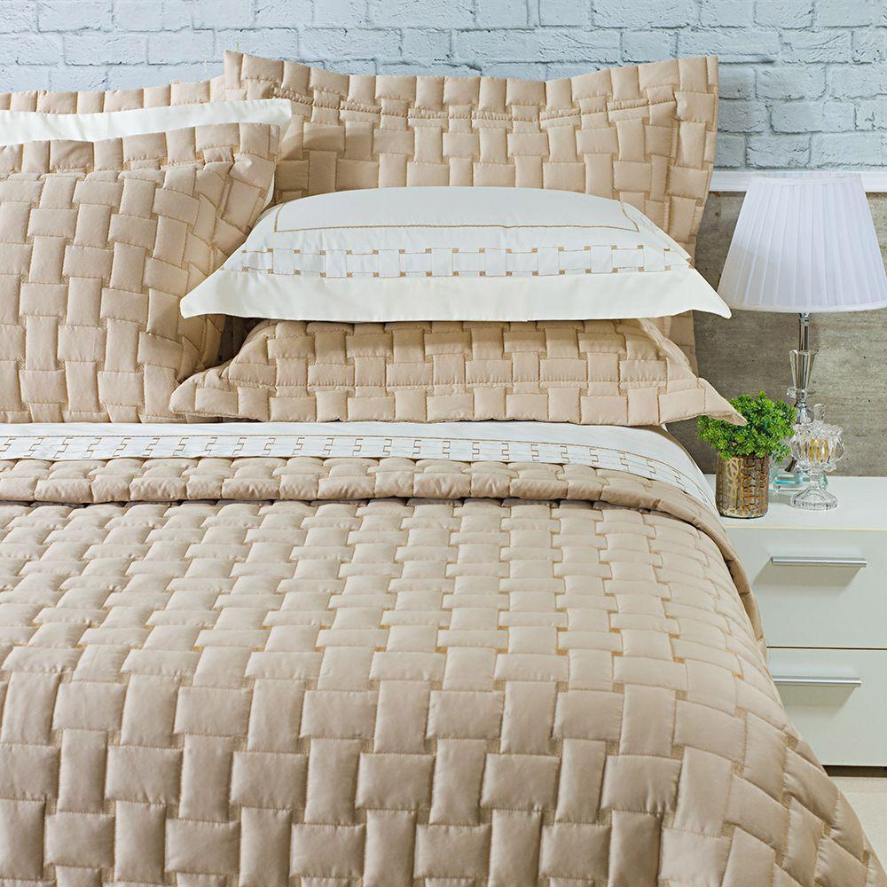 Kit Cobre Leito Colcha Garland Super King 100% Algodão 400 Fios Acetinado Bordado 5 Peças - Bege - 2